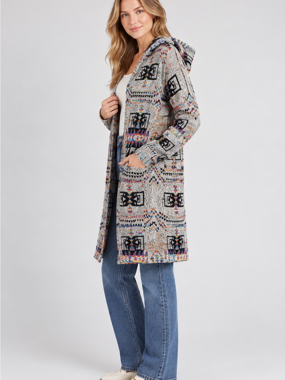 Northern Angel Hooded Multi Aztec Long Line Open Knit Cardigan Women’s Medium